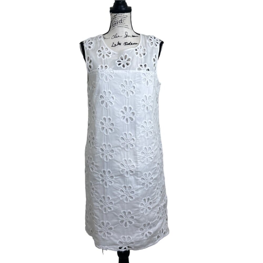 WHIT TWO Anthropolgie Shift Dress White Floral Embroidered Sleeveless Cotton